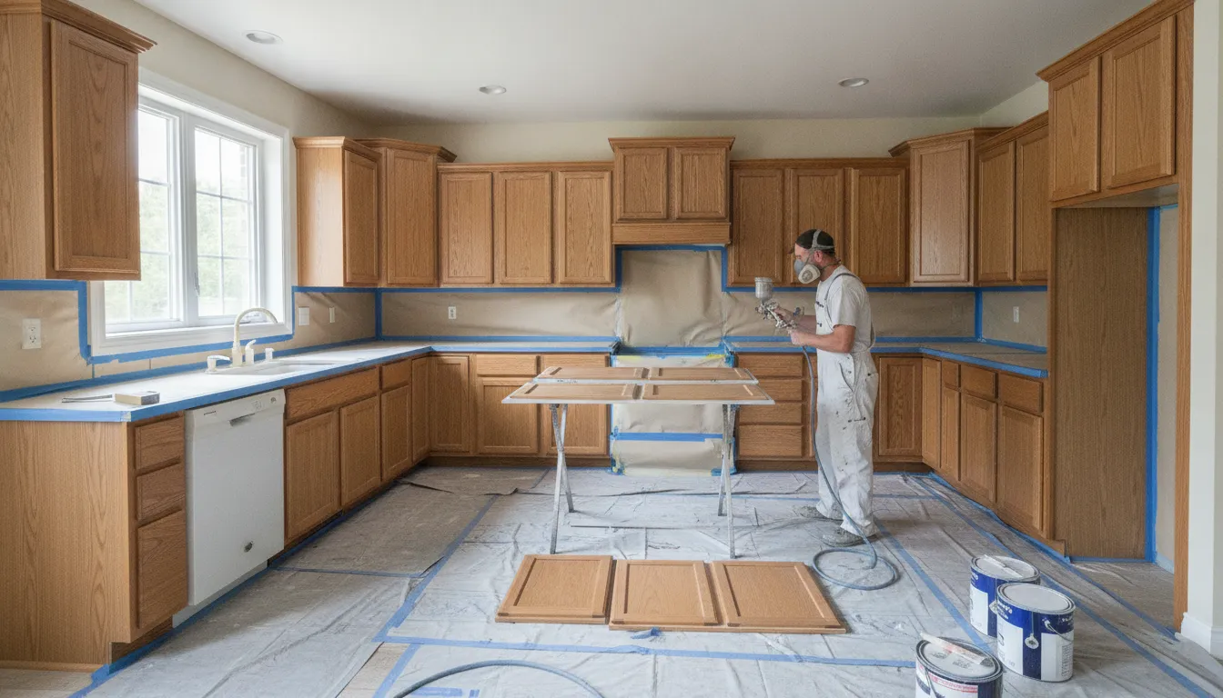 Kitchen cabinet factory-finish respray in Oakville